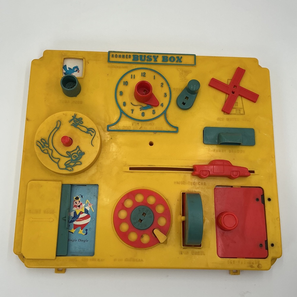 Vintage Kohner Busy Box No 505 Yellow Plastic Activity Center Baby Toy 1960s USA